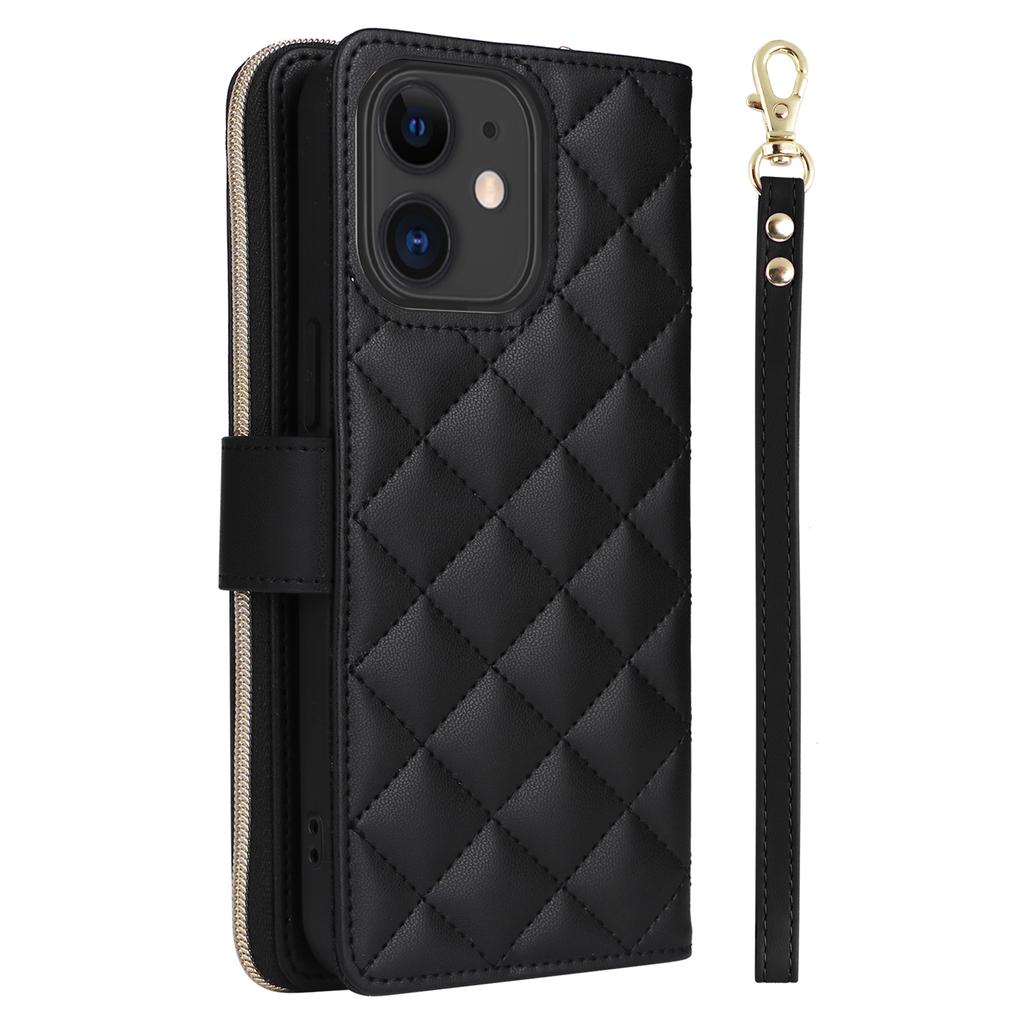 For iPhone 11 Case Leather Zipper Wallet Rhombus Phone Cover with Shoulder Lanyard