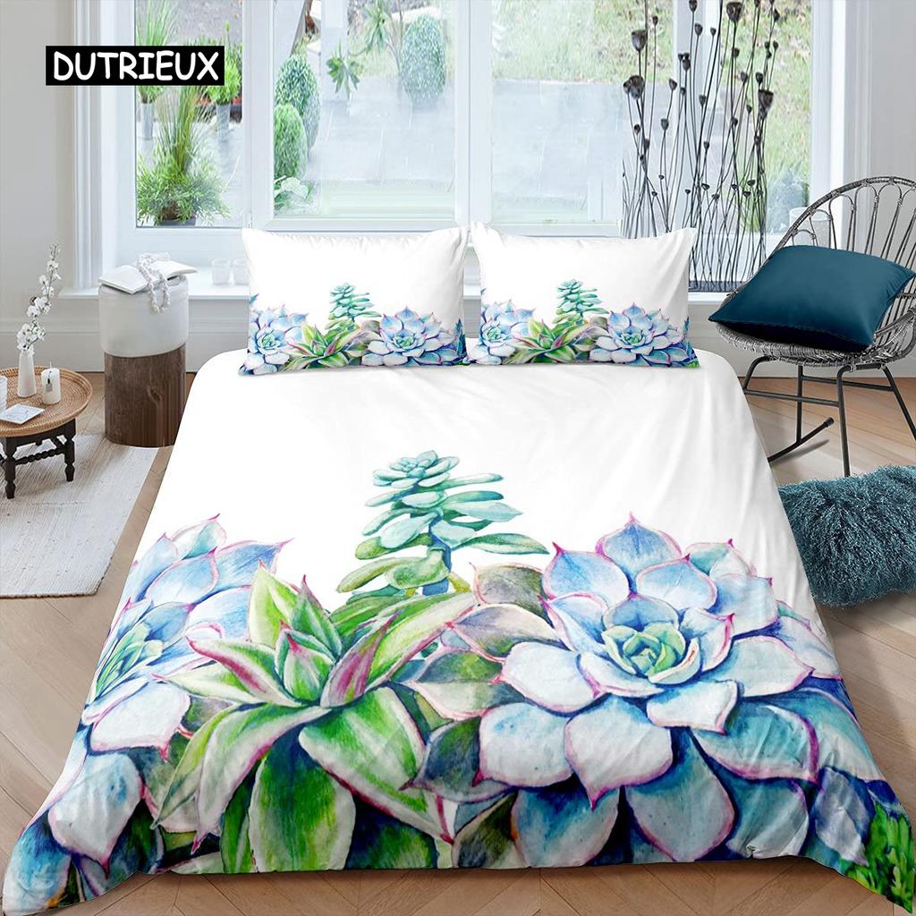 Sukkulenten Bettbezug Set Grüne Pflanze Tropisches Botanisches Bettwäsche Set Aquarellmalerei Stilvolles Naturthema Twin Quilt Cover