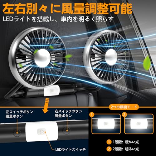 Dealswin Car Fan, Double-Headed Car Fan, Low Noise, for Back Seats, with Light, 3 Airflow Settings, Low Noise, 360° Adjustable Angle, Perfect for Car