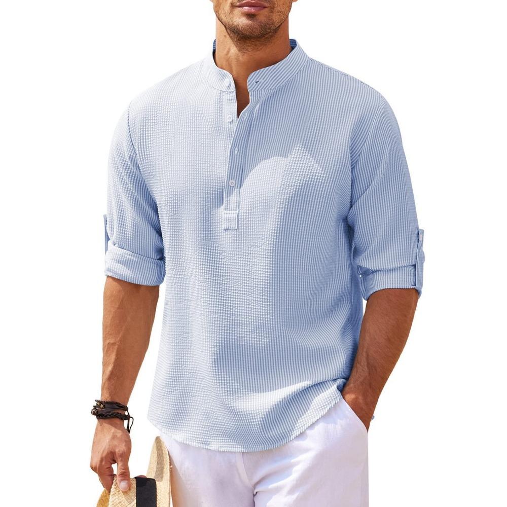 Men's Long Sleeved Stand Up Collar Plaid Casual Shirt