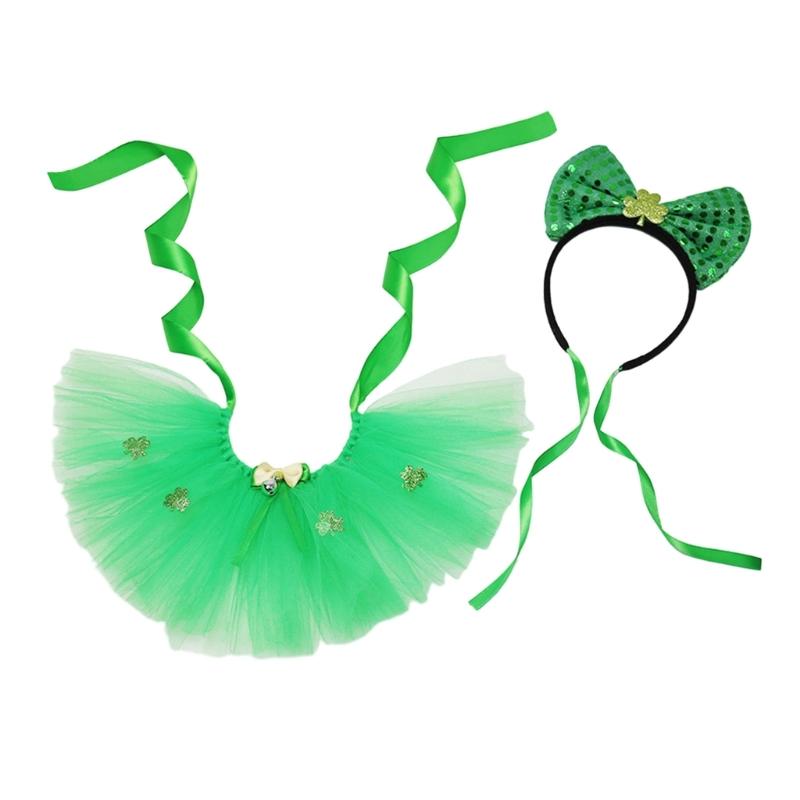 StPatricks Festival Cat Costume Dog Tulle Skirt Sequins Bowknot Headband Pet Irish Theme Dress Up Clothing Photo Outfit