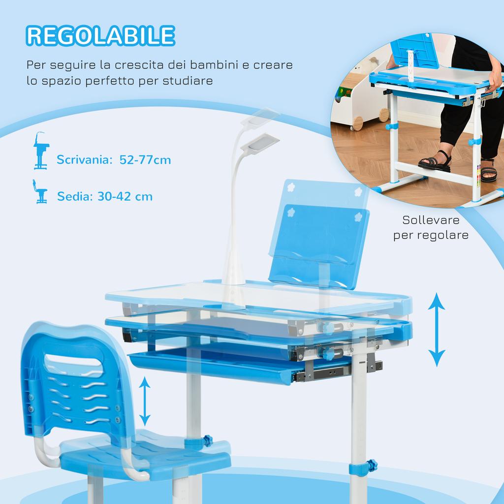 Scrivania e Sedia per Studio per Bambini con Altezza Regolabile, Contenitore, Cassetto, Blu