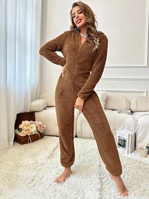 Europese & Amerikaanse Herfst/Winter Dames Fleece-Gevoerde Jumpsuit met Capuchon Pyjama