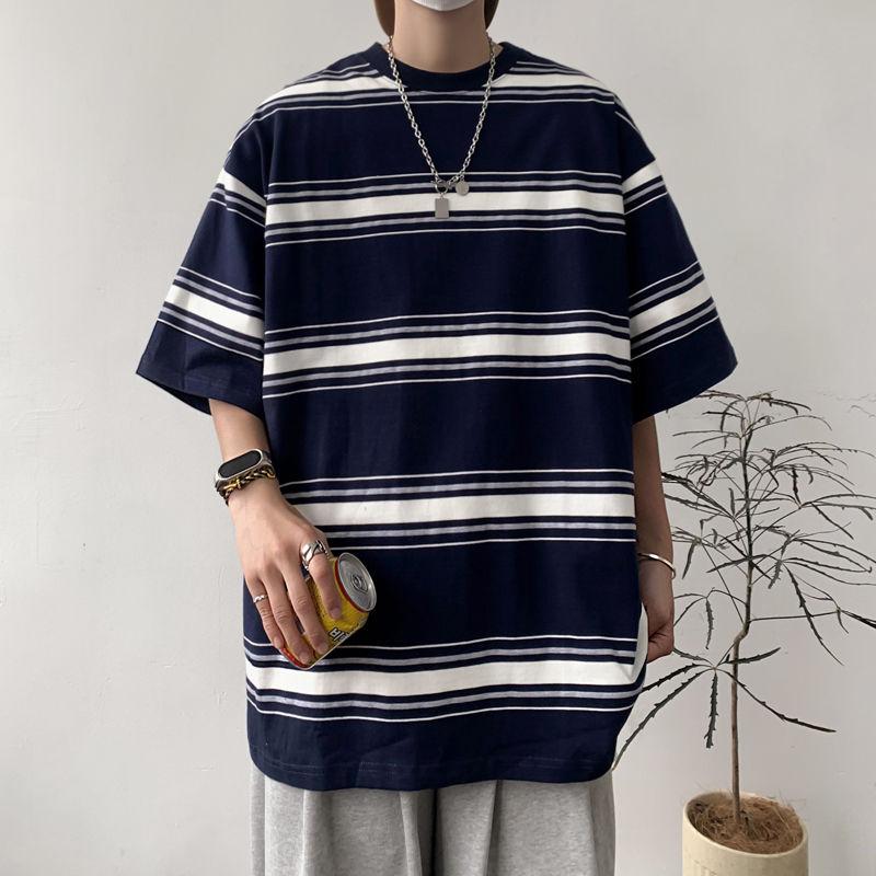 

Повседневные пуловеры с коротким рукавом, летний молодежный стиль, контрастные цвета, мужская одежда, полосатые базовые футболки с круглым вырезом, шикарные свободные футболки XXXL темно-синий