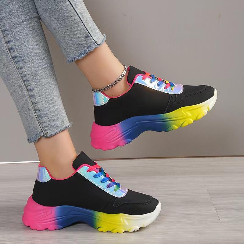 Fashion Sneakers Women's Platform Sports Shoes Rainbow Lace Up Multicolor Real Leather Vulcanize Shoes Casual Running Shoe Footwear
