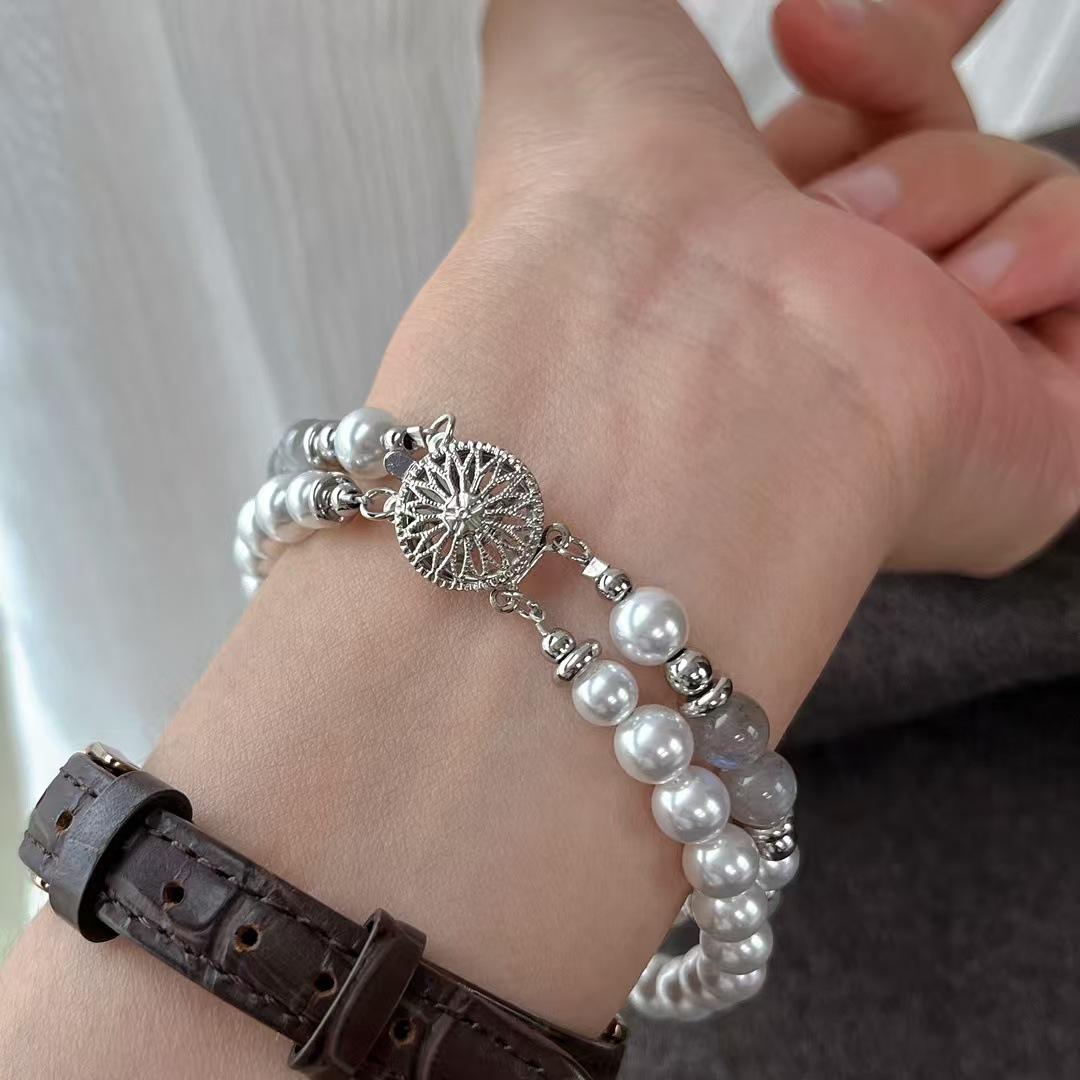 Faux High-Gloss Imitation Australian White Pearl Natural Gray Moonstone Double-Layer Bracelet