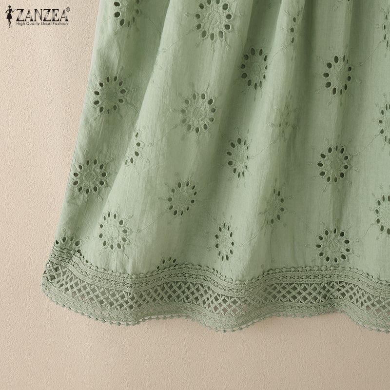 ZANZEA Women Casual Elastic Waist Loose Lace Crochet Patchwork Dress