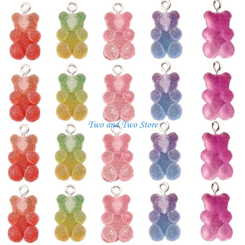 HX6F Pack of 20 Colorful Cartoon Bear Pendants Mixed Heart Star Charm for Creative DIY Keychains and Fashion Accessories