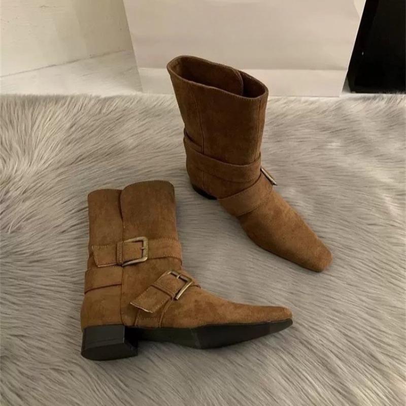 Fashion 2025 New Autumn and Winter Women's Summer Square Toe Pleated Booties