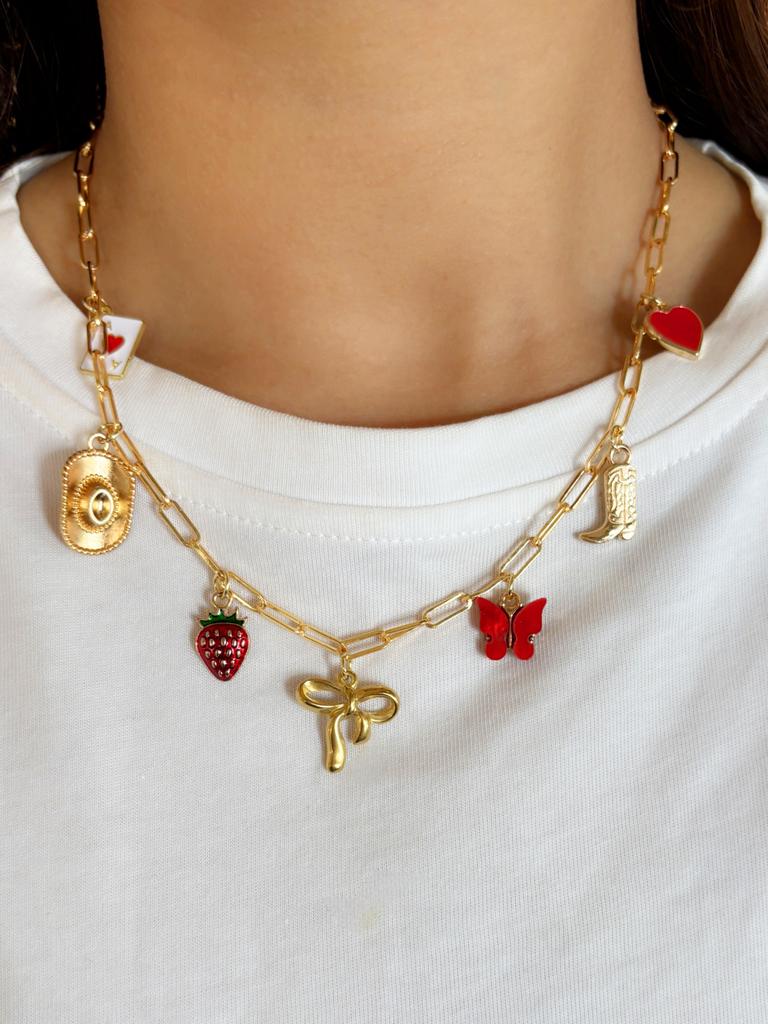 Collana con Ciondolo a Forma di Fragola con Fiocco in Acciaio Inossidabile per Donna Charms Delicati Gioiello