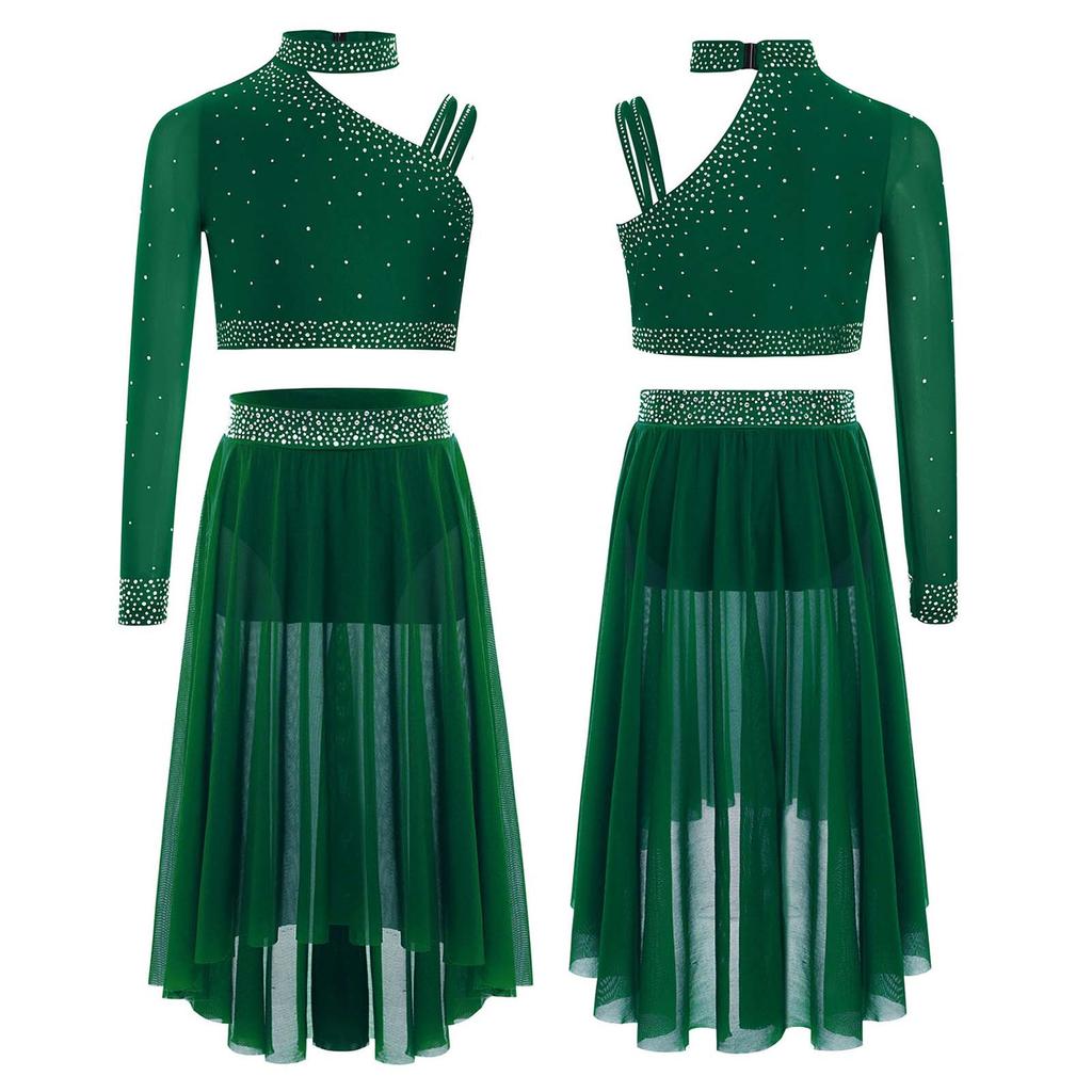 Complete Lyrical Performance Outfit for Girls Unique Shoulder Design Crop Top & Flowy Irregular Hem Mesh Skirt Set