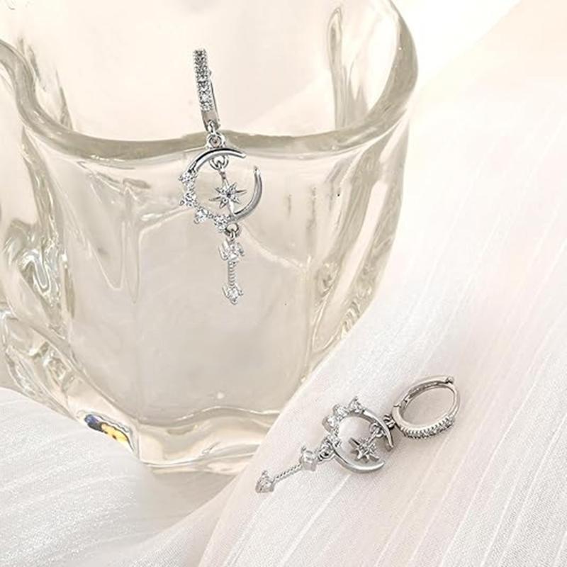Twinkling Star Moon Floral Ear Studs With Micro Paved Zircon Accents And Lightweight Copper Construction