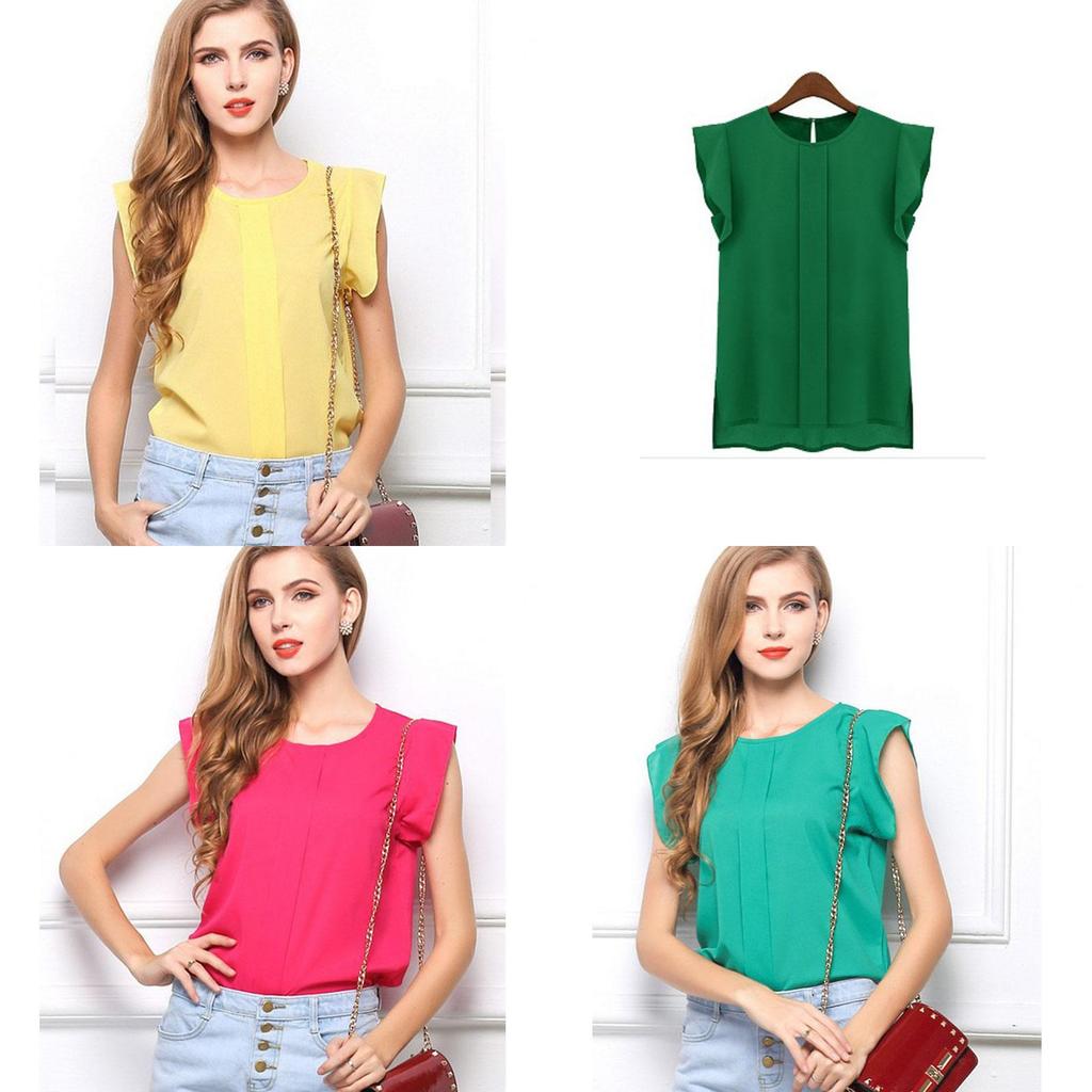 Elegant Womens Sleeveless Chiffon Tops With Timeless Design In Blue Green Red