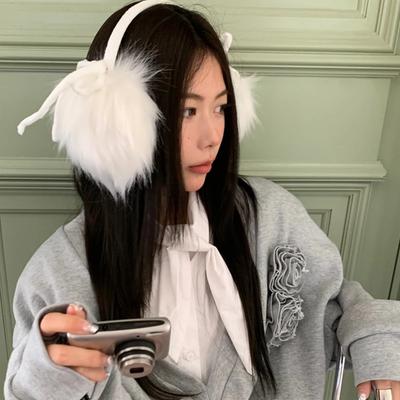 Cute Earmuffs Winter New Japanese Butterfly Bow White Long Hair Velvet Ear Pack Headwear for Girls Riding EarWarmth Headphones