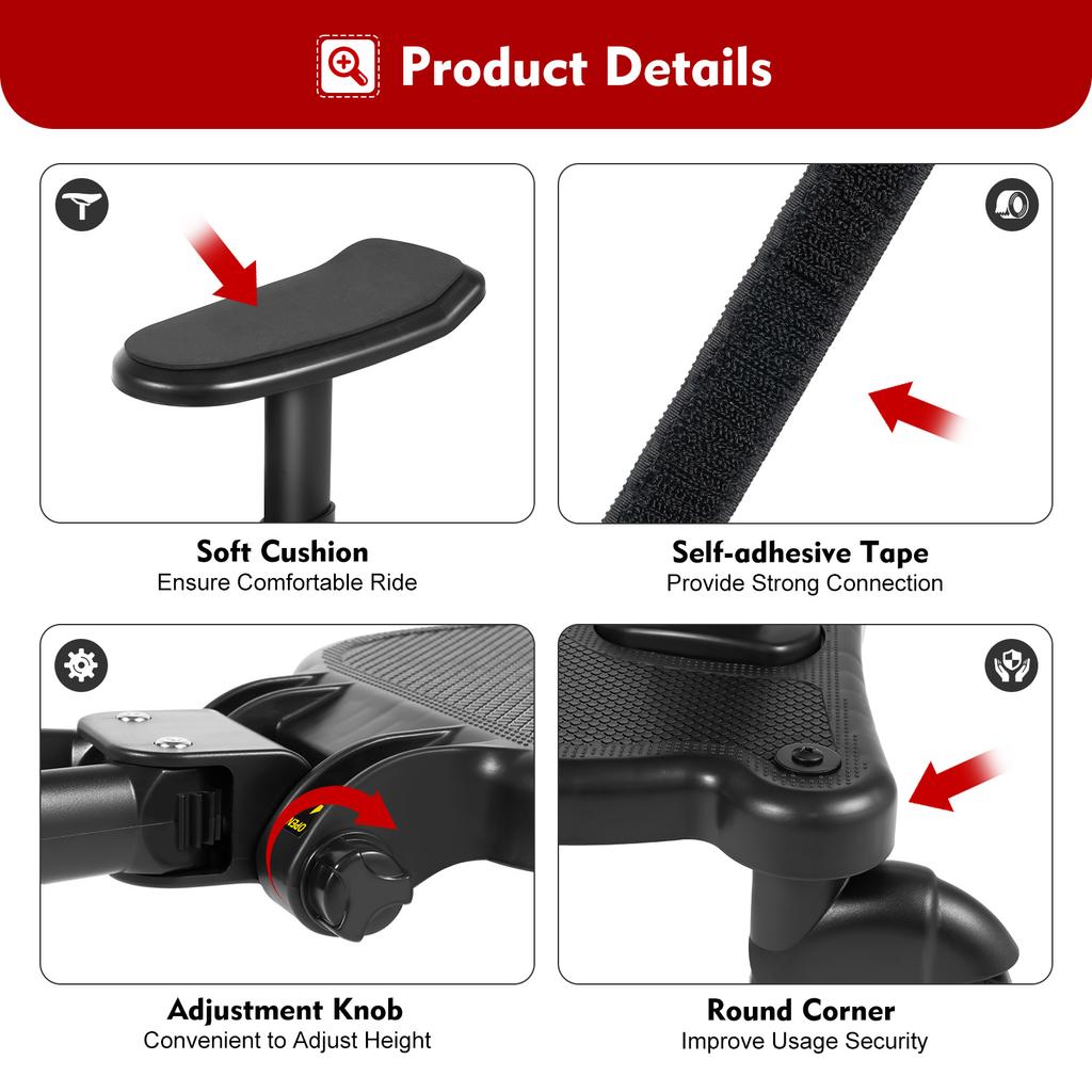 Baby Buggy Step Board Universal Stroller Board 2-in-1 Design 360° Wheels Anti-Slip Detachable Seat for 3-7 Kids