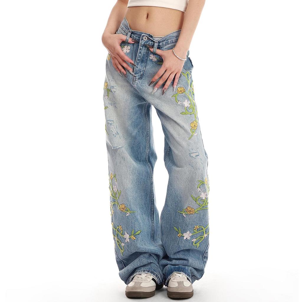 Jean délavé taille haute pour femme, pantalon à jambe droite polyvalent à la mode
