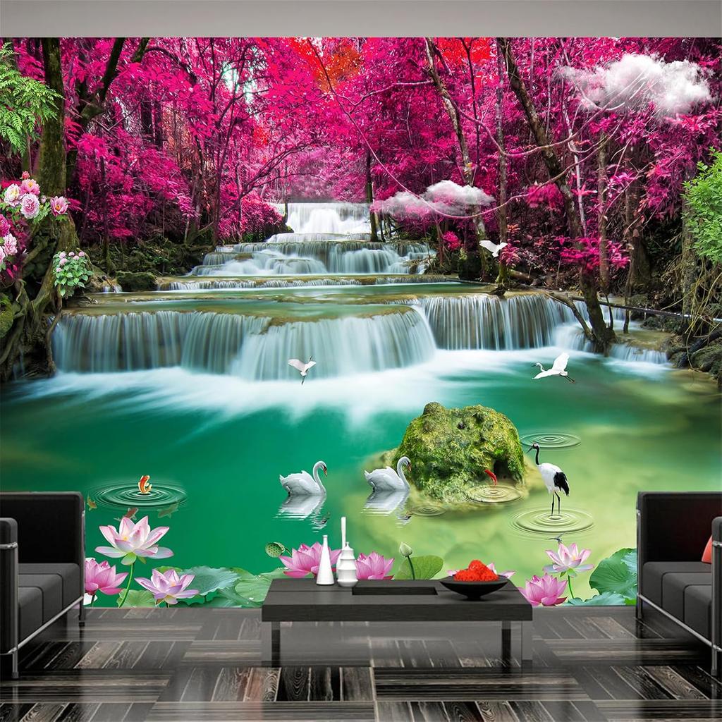 Forest Waterfall Wall Mural Swans Fish Landscape Wallpaper for Living Room Decor