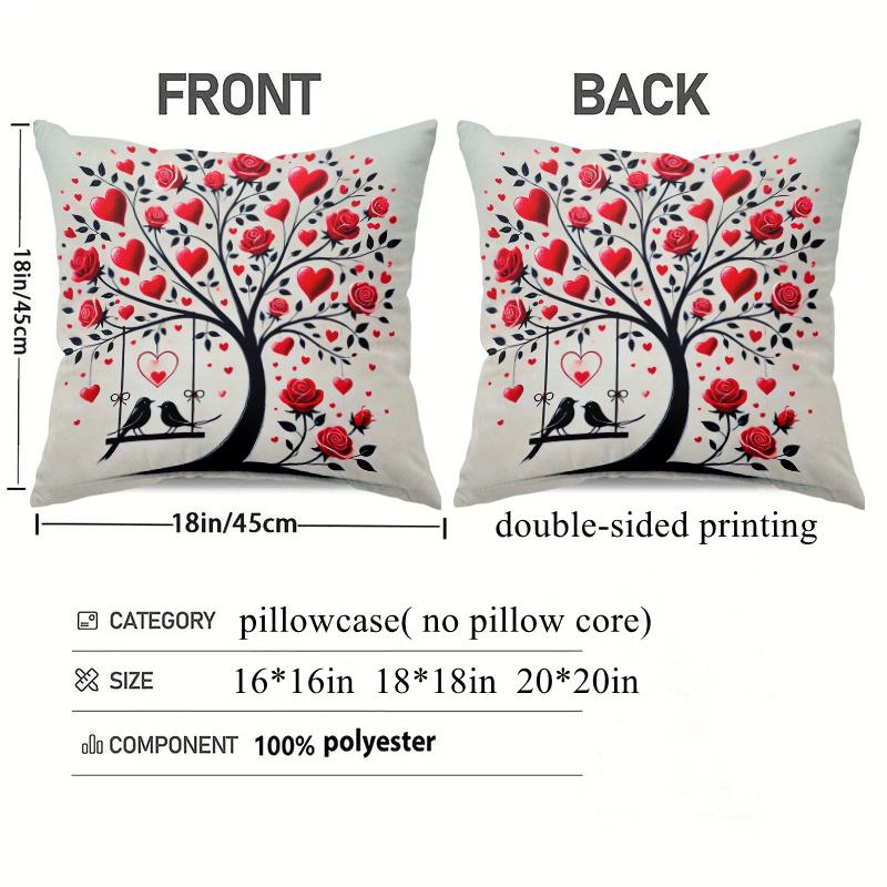 1pc Valentine's Day Heart Tree Decorative Cushion Cover - Red & Black Romantic Heart & Rose Pattern with Golden Swans