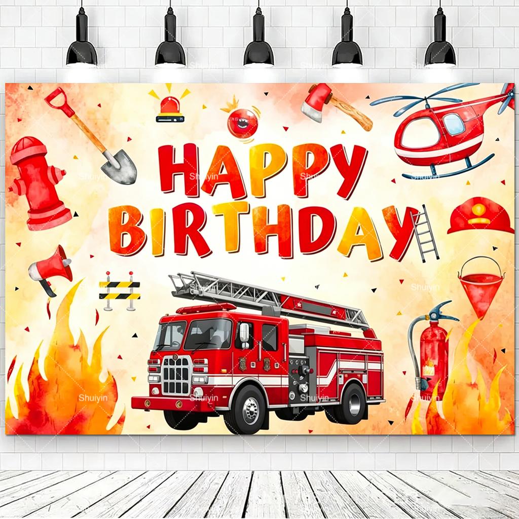 Cartoon Firefighter Firetruck Theme Backdrop Red Flame Fireman Boy Birthday Decorations Party Supplies Photography Background