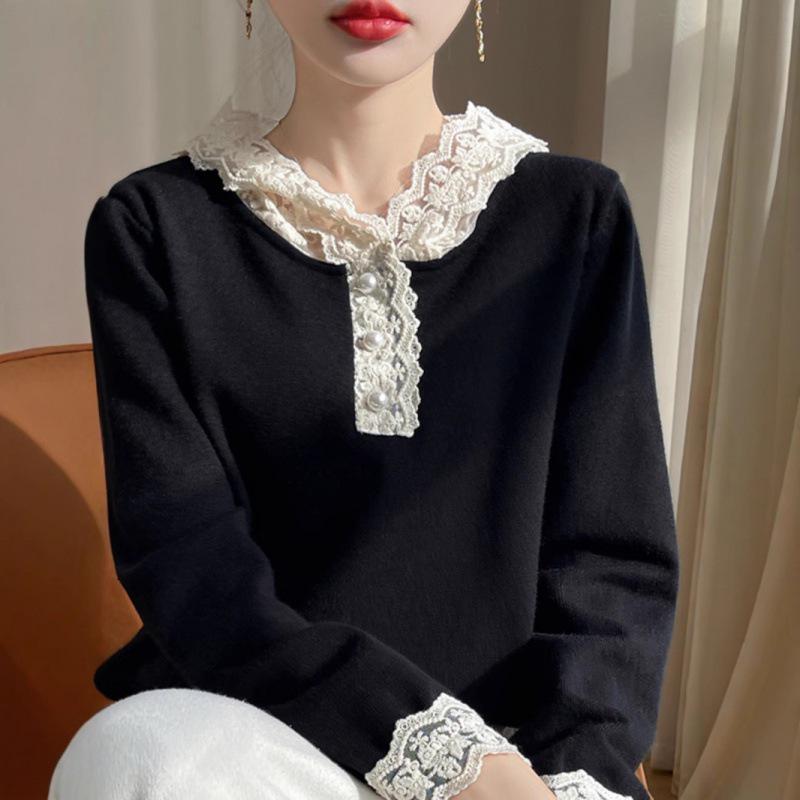 Women's Velvet Lace Design Hooded Knit Sweatshirt - Slimming Gentle Style
