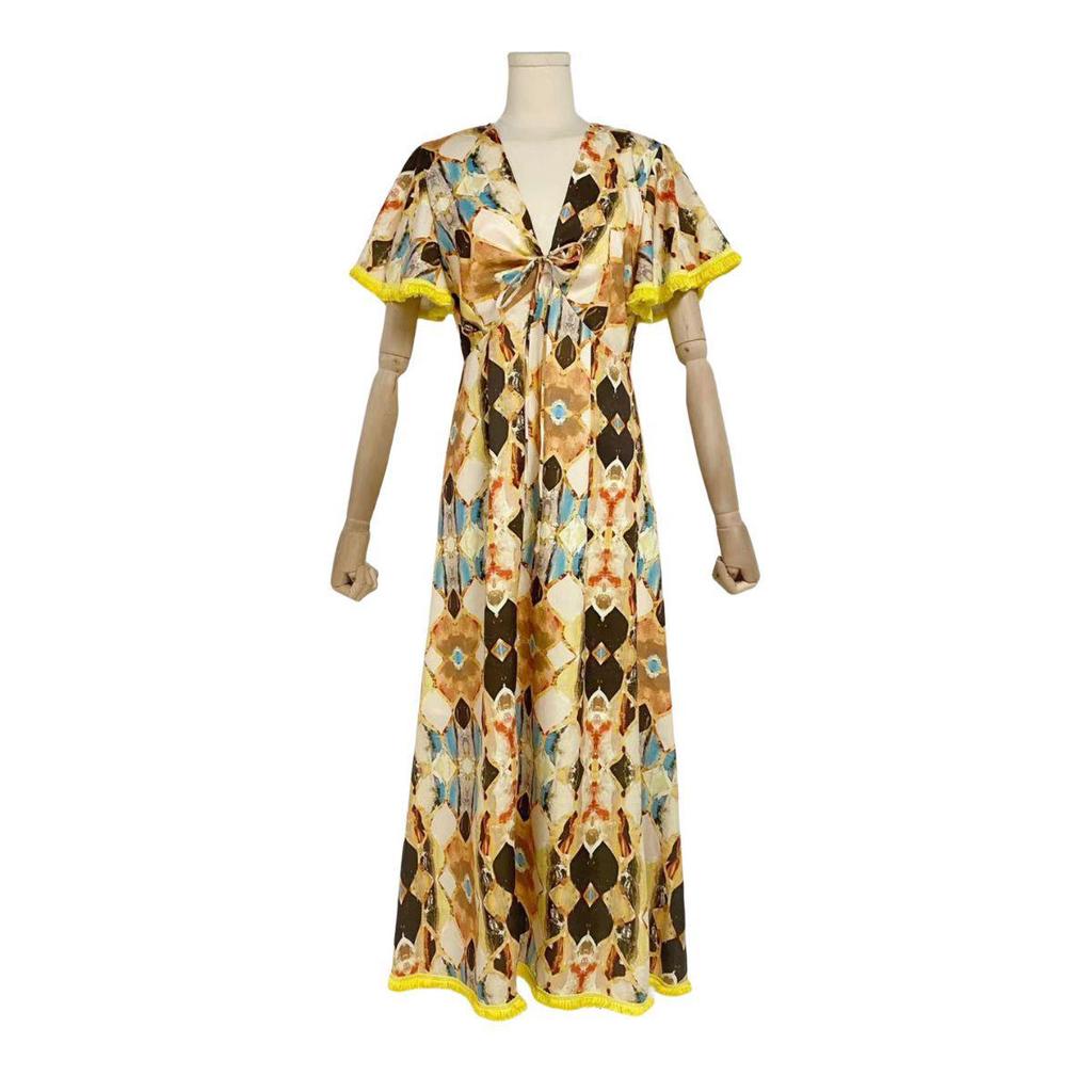 Women's 2023 Autumn V-Neck Tassel Splice Backless Long Dress with Lace-Up Waist