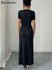 New V-Neck Cross Buckle Pleated Ruched High Slit Dress for Women Summer Long Skirt