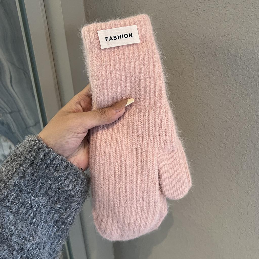 Solid color knit wool gloves winter women's 2025 new velvet warm windproof cold student riding tide