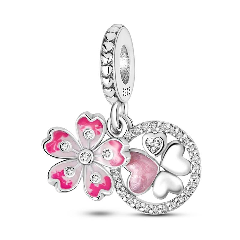 Copper Cute Pink Flowers Heart Pendant Beads Fit 4Mm Hole Diamete Charm Bracelet For Women Diy Jewelry Making Gift