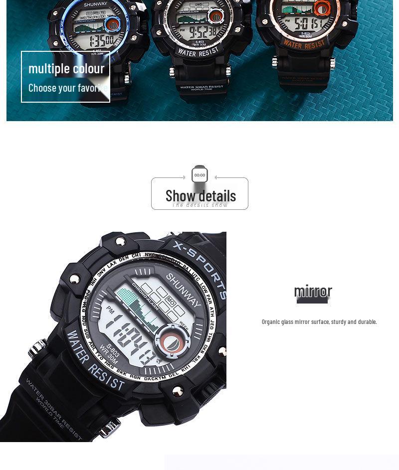 Ceas LED pentru tineret, luminos, rezistent la apă, cronograf sport multifuncțional