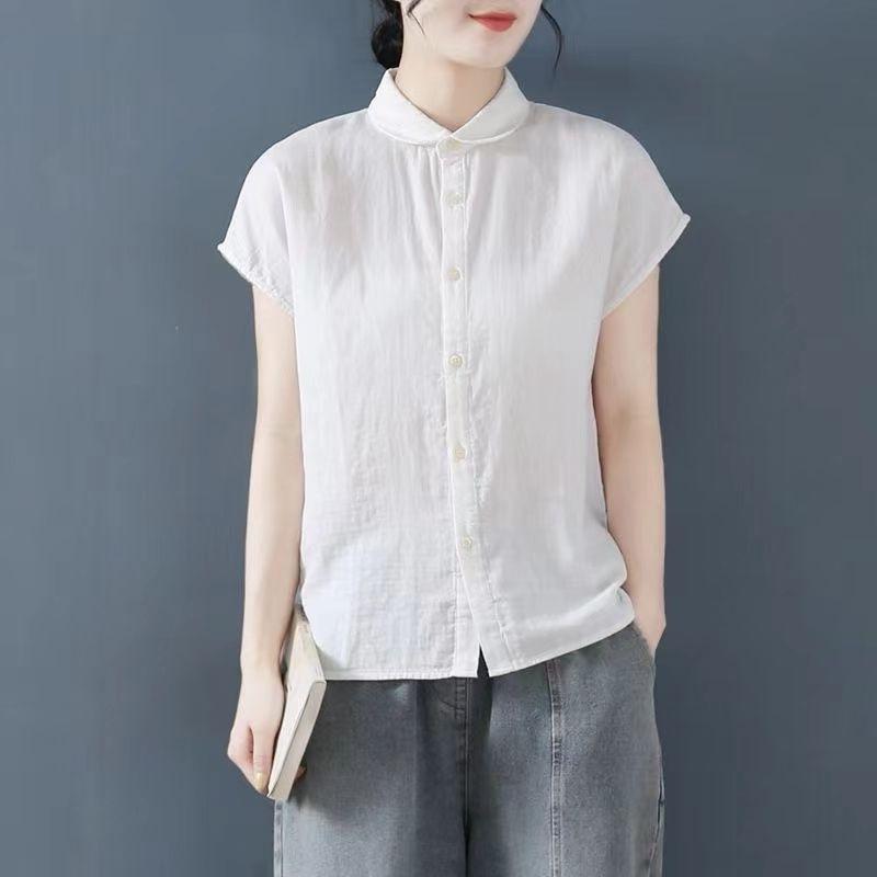 Summer Cotton Linen Shirt Women's Casual Short Sleeve T-shirt 95 Cotton Fashion Top Fly Sleeve Polo Collar Regular Sleeve