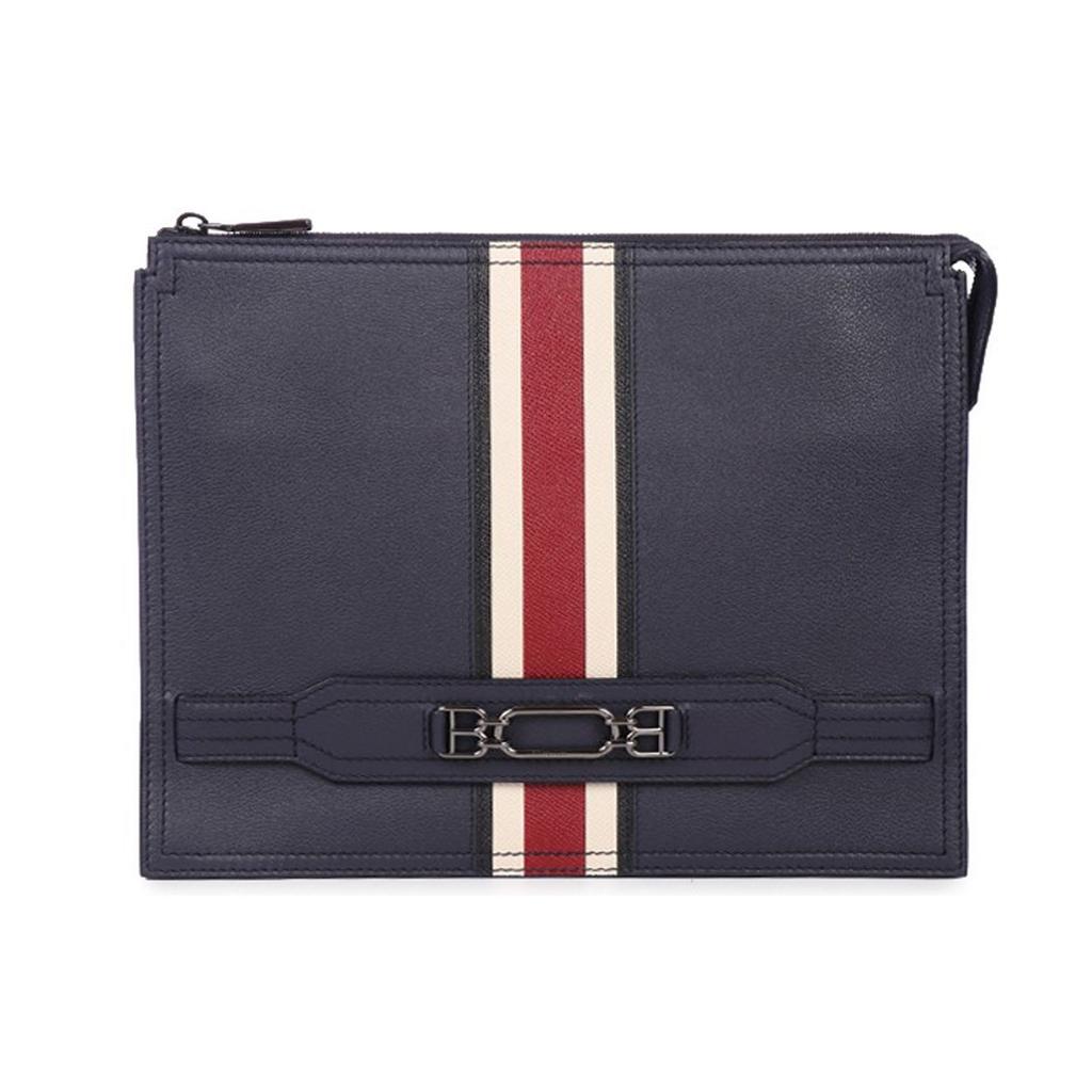 Bally Classic Leather Red And White Striped Commuter Fashion Large Capacity Leather Clutch Men Clutch Deep-Blue 6236781