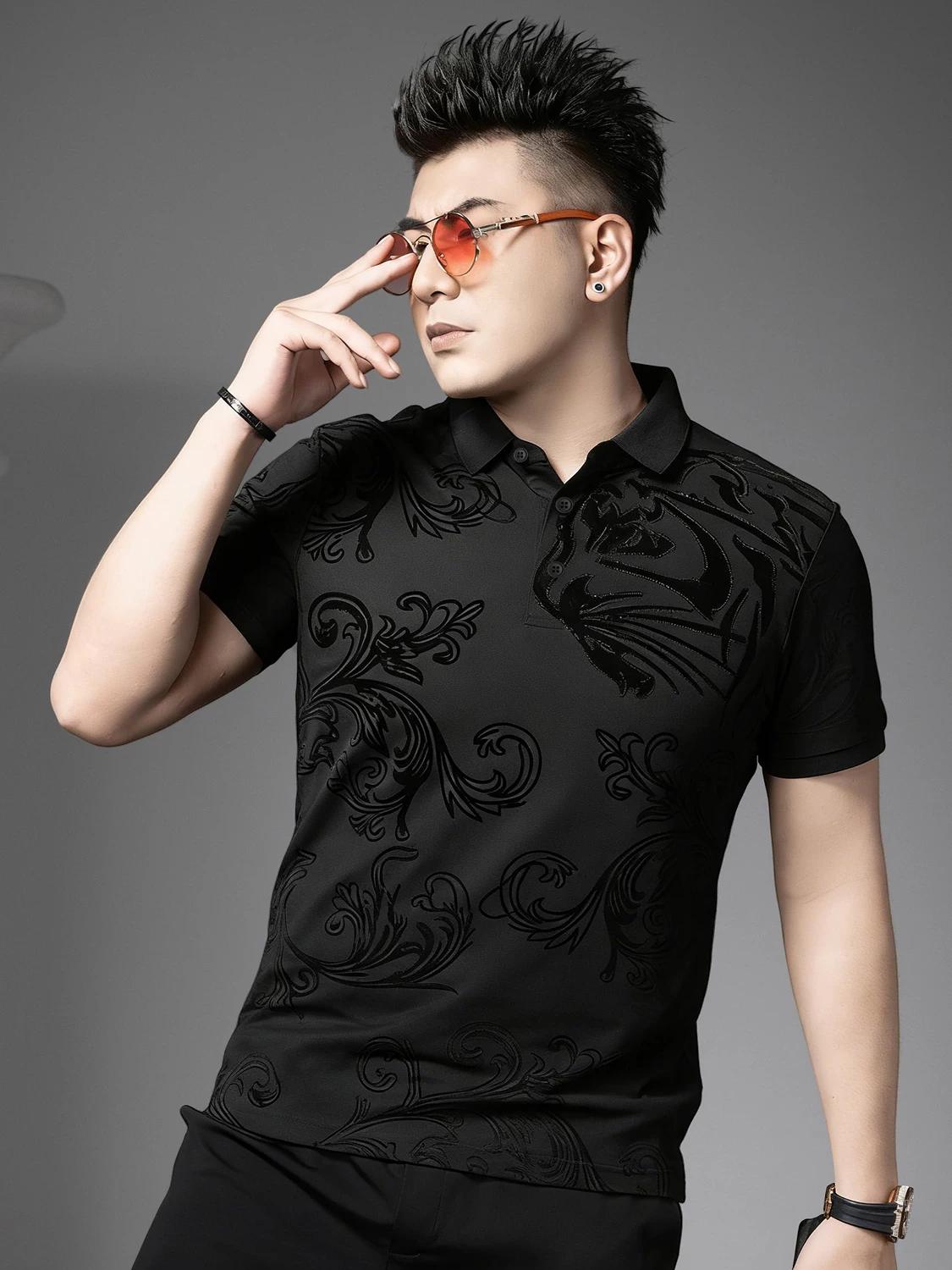 

European Style 2026 New Trendy Brand Velvet Print Polo Shirt for Men, Summer Fashion Rhinestone Turn-Down Collar Short-Sleeve T-Shirt for Men 5XL белый