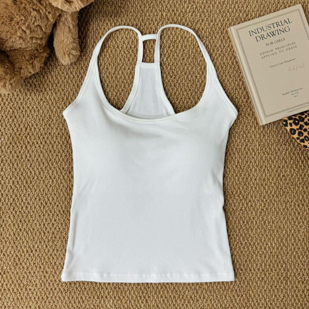 Women's Summer Hot Girl Pure Style I-Back Tank Top with Chest Pad, Solid Color, Versatile Sports Design