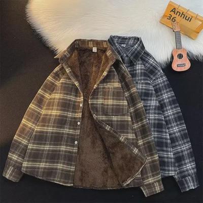 Men's Hong Kong-Style Plaid Velvet-Lined Long-Sleeve Shirt - Trendy Japanese-Inspired Autumn/Winter Jacket