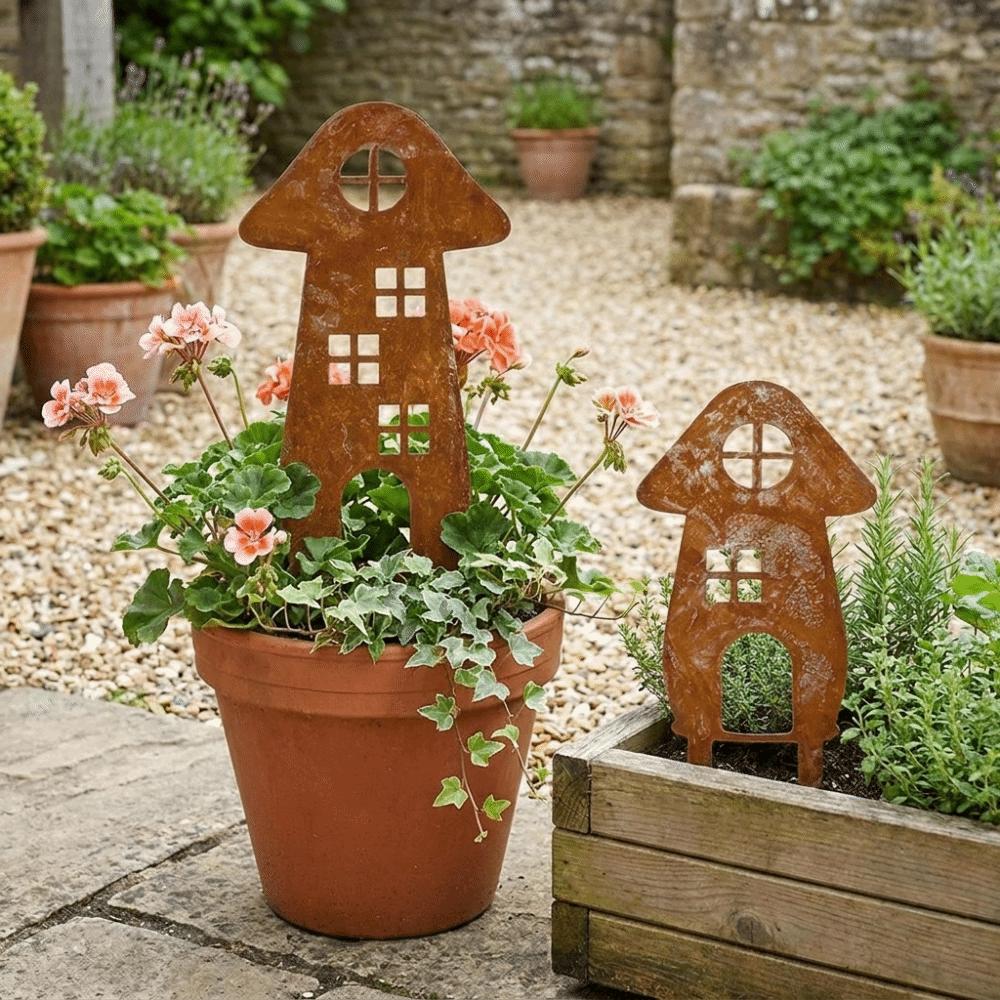 Mushroom House-Shaped Mushroom Garden Inserts Metal Rusty Mushroom Plaque  Courtyard Balcony
