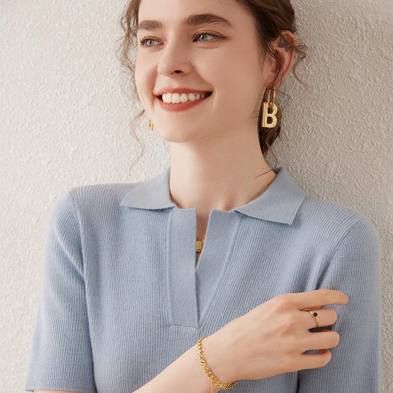 Women's Ultra-Fine Spun Cashmere Sweater: Soft, Sticky, POLO Collar, Short Slim-Fit Half Sleeves, Five-Point Style, Ideal Base Layer