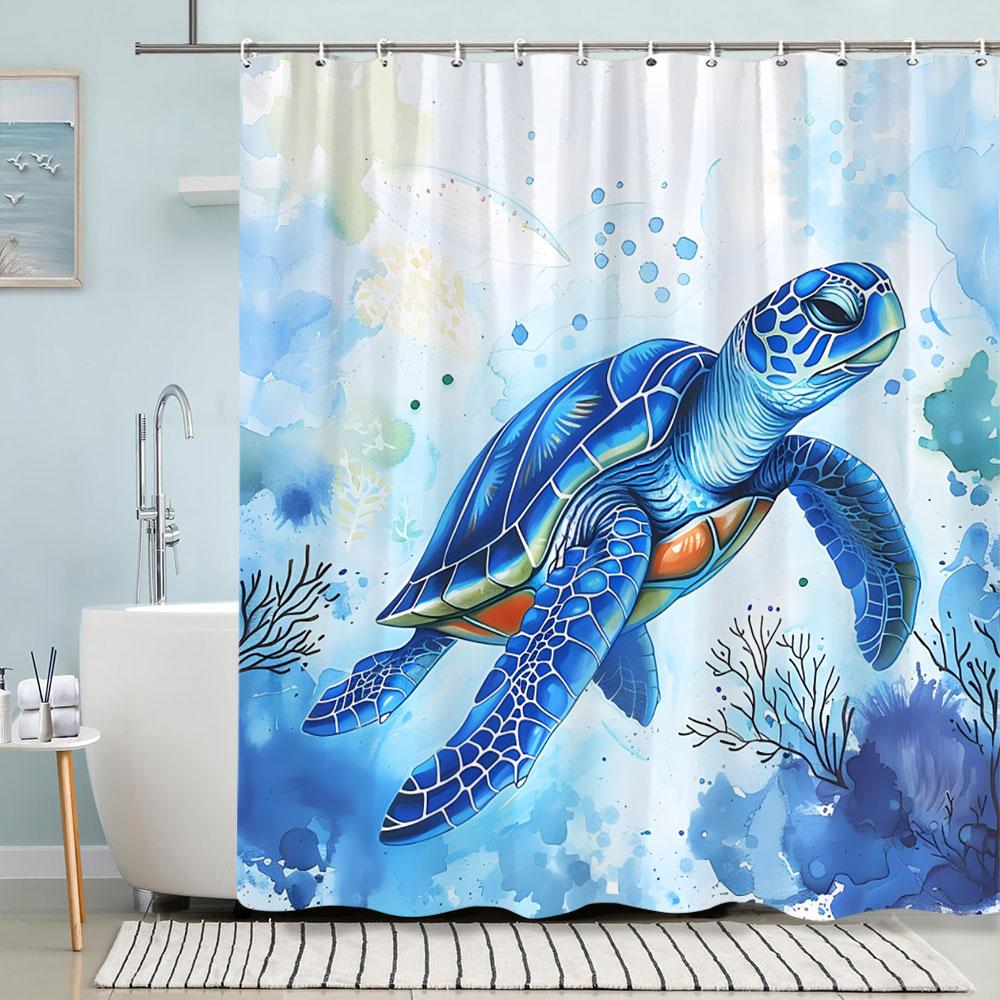 Turtle Shower Curtain Summer Beach Anchor Nautical Starfish Watercolour Art Creative Polyester Shower Curtains Bathroom Decor