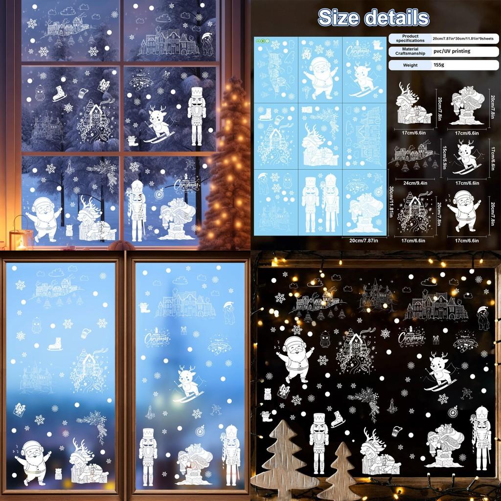 Christmas Snowflake Static Cling Glass Decal With Santa And Snowman For Window Decoration