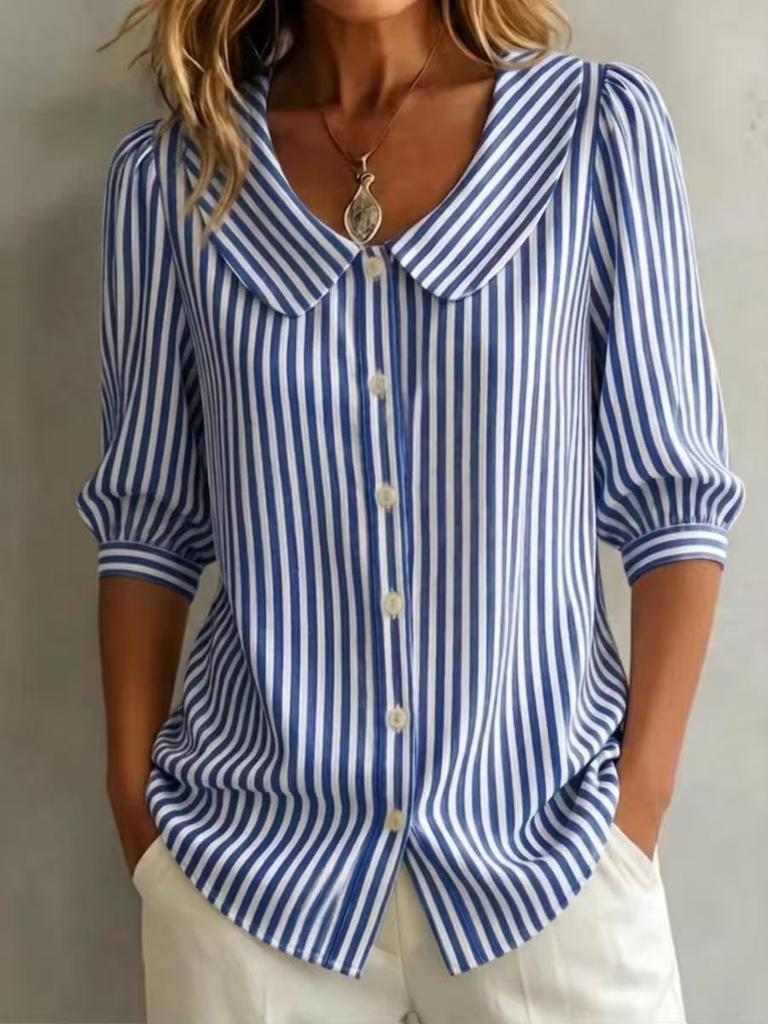 Women Casual Loose Striped Five Quarter Sleeve Commute Shirt
