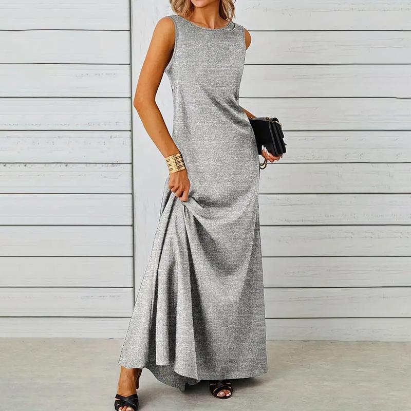 Women Casual Sleeveless O Neck Solid Color One Piece Dress