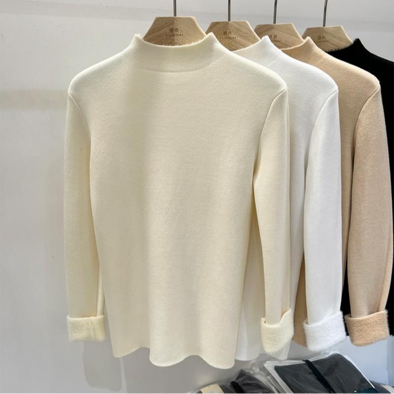 Autumn Half High Collar Slim Fit Warm Knitted Sweater Women Fashion Winter Thick Velvet Base Pullover Sweaters for Women Casual Plush Knitwears 24886