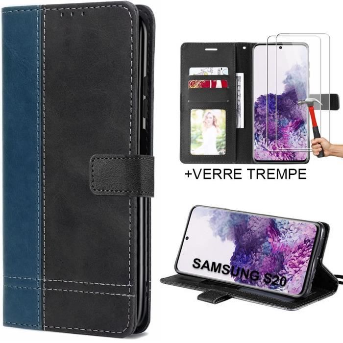 Pack 2 Verres Trempés + Coque pour Samsung S20 Bleu Marine Souple Anti-Choc Anti-Rayures