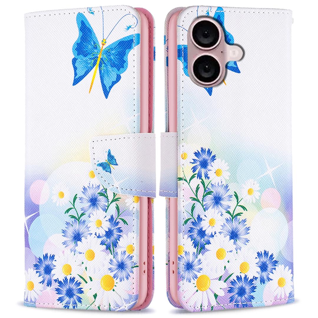 

For iPhone 16 Plus Leather Case Pattern Printing Wallet Stand Anti-fall Phone Cover J