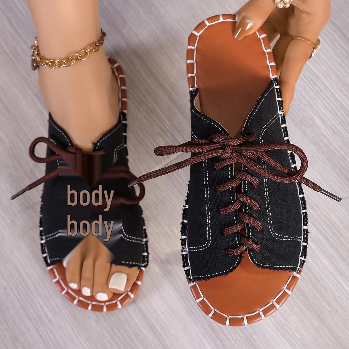 

Летние женские плоские шлепанцы большого размера на шнуровке с открытым носком 43 чёрный