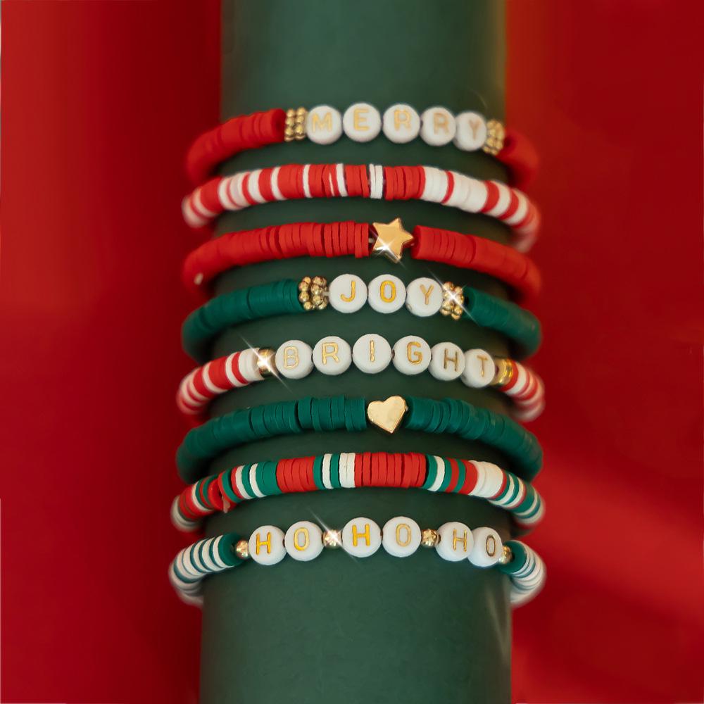 Handmade Christmas Polymer Clay Beaded Bracelet Set – European & American Holiday Bangle with Christmas Letter Charms