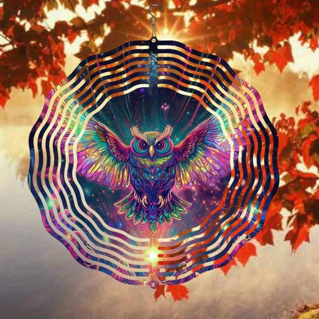 Solar-Powered 2D Metal Owl Wind Spinner - Colorful Garden Decor with 360° Rotating Hook