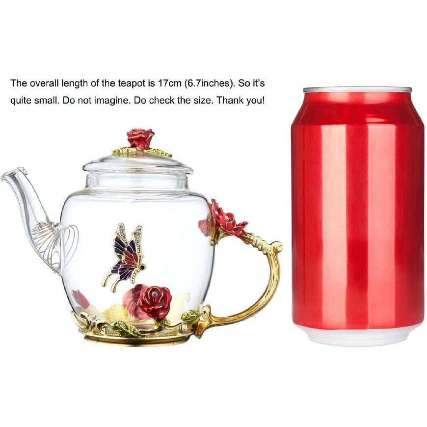 Creative Flower Glass Teapot Crystal Glass Teapot for Kung Fu Tea, Good Gift for Sister, Mom, Grandma, Teachers (Red Rose)