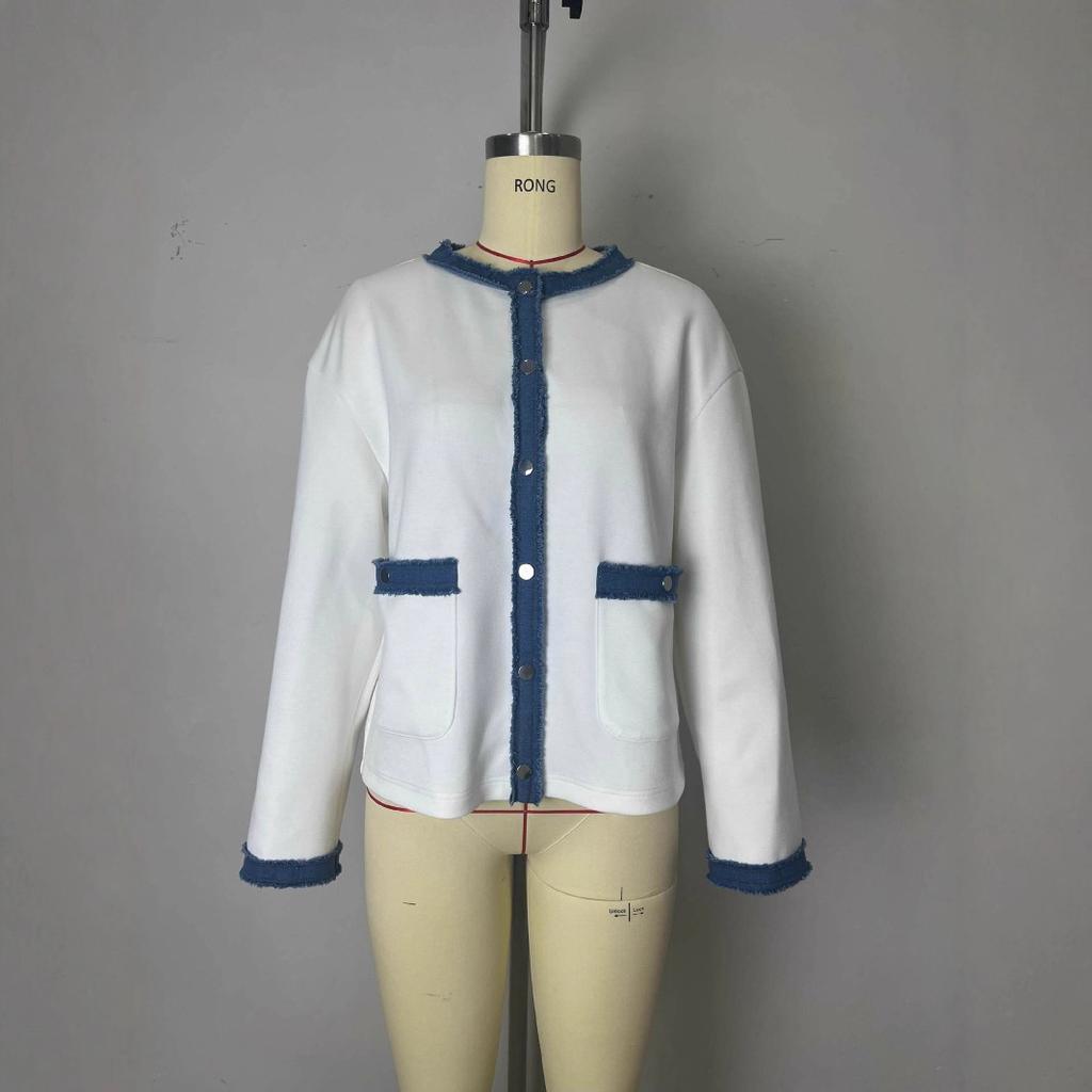 French elegance 2025 autumn fashion new European and American fluffy denim contrasting edge long-sleeved short jacket
