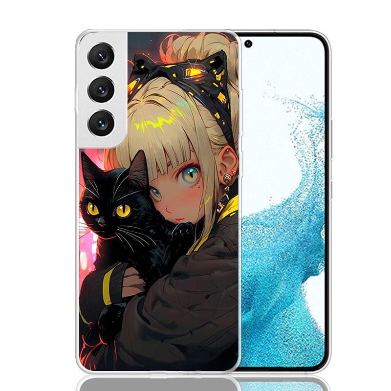 Anime Girls Cute Black Cat Phone Case For Samsung Galaxy S26 Ultra S23 S24 S25 Edge S20 FE S21 S22 Plus Soft Print Shell Cover F