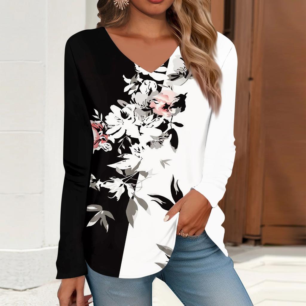 Women's T Shirt Tee Print Long Sleeve Daily Weekend Daily Basic V Neck Regular  Fall Winter Tops